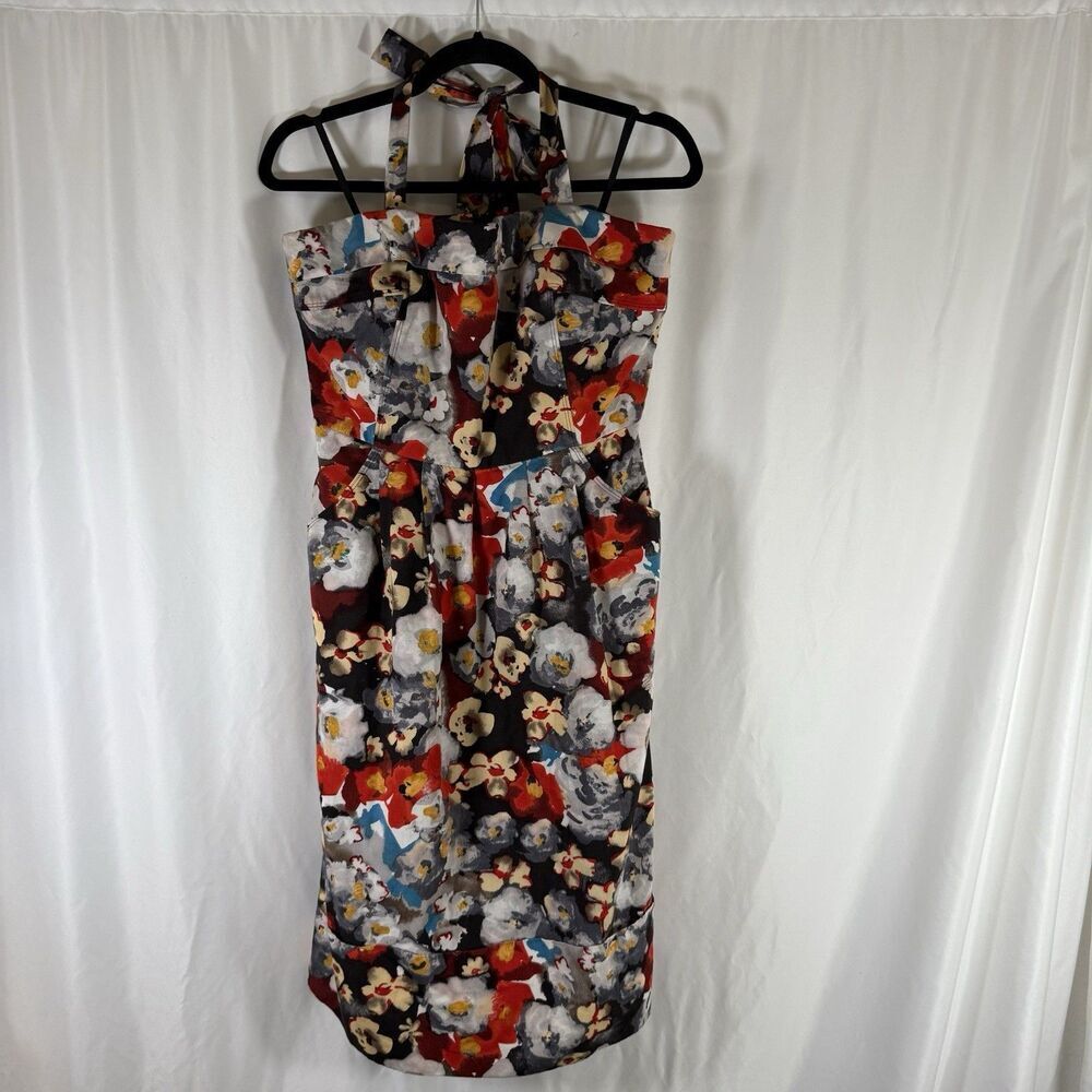 Hitherto Anthropologie Dress Women's 14 Blue Red Floral Zip Back Sleeveless Tie